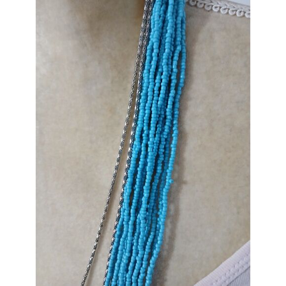 Vintage teal 34" multi-strand tiny glass? seed bead necklace silver accents boho - Picture 2 of 5